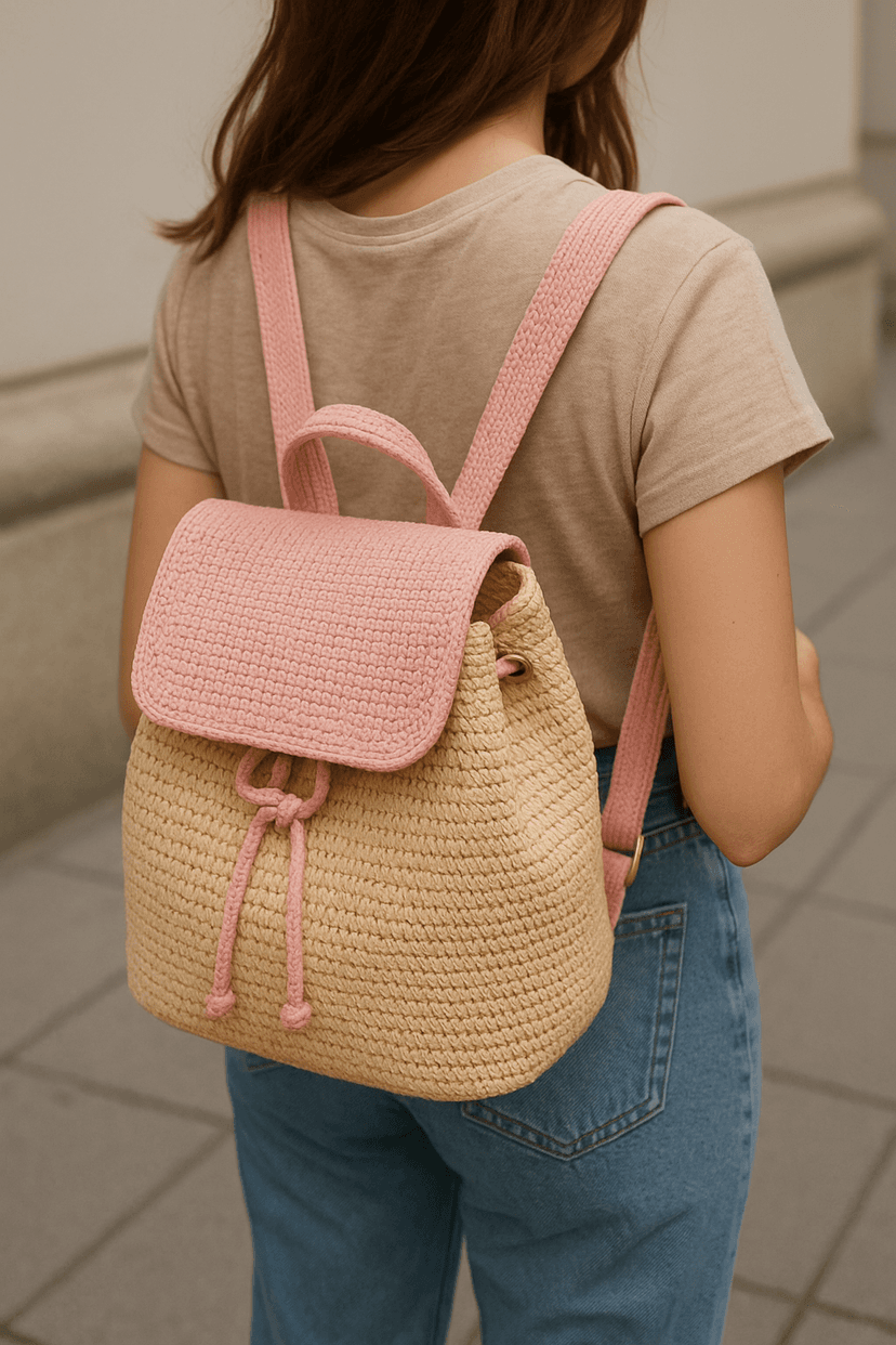 Handmade Raffia Backpack | Eco-Friendly Style - Pink Dual